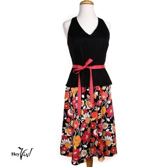 Vintage Halter Dress Sheri Martin Black Peplum Top Floral Skirt Size 6 - Hey Viv - Picture 1 of 8